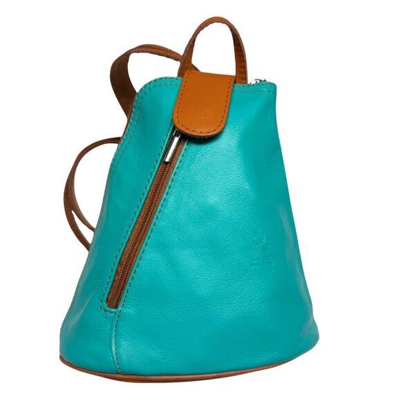 VERA PELLE Italian Genuine Leather Mini Backpack | Mint Green & Tan Brown | New - Picture 1 of 17